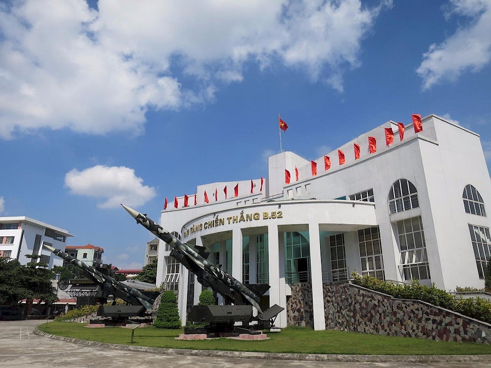 The entrance of the B-52 Victory Museum features an impressive display of two SAM-2 missile launchers of Battalion 72, Regiment 285